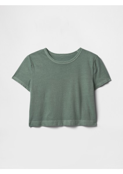 Kadın Yeşil %100 Organik Pamuk Vintage Soft Crop T-Shirt fiyatları