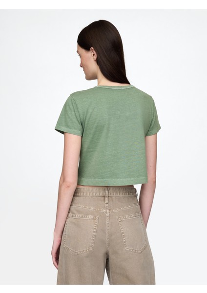 Kadın Yeşil %100 Organik Pamuk Vintage Soft Crop T-Shirt fırsatları