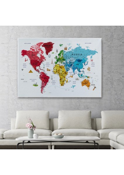 - Dünya Haritası Son Derece Ayrıntılı Eğitici ve Sembollü Dekoratif Kanvas Tablo 3223