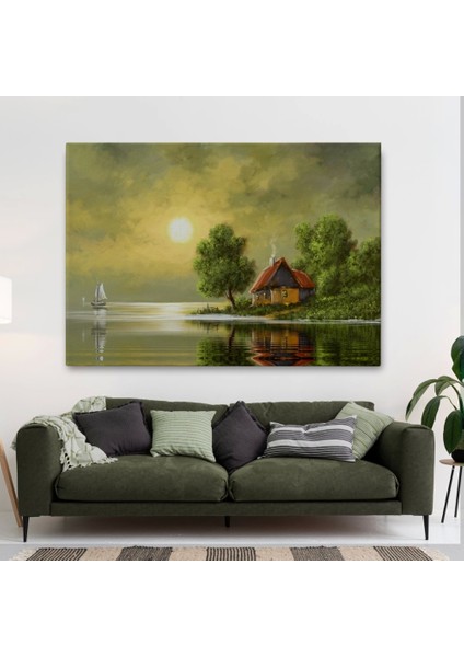 - Göl Kenarındaki Köy Evi Yağlıboya Görünüm Dekoratif Kanvas Duvar TABLOSU-3592