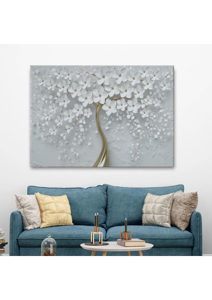 - Beyaz Gelincik Ağacı Dekoratif Kanvas Duvar TABLOSU-3645