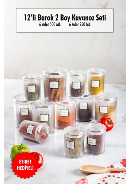 12'li Barok Yuvarlak 2 Boy Kavanoz Seti & Saklama Kabı & Erzak Kabı 6*500 ML,6*250 Ml)
