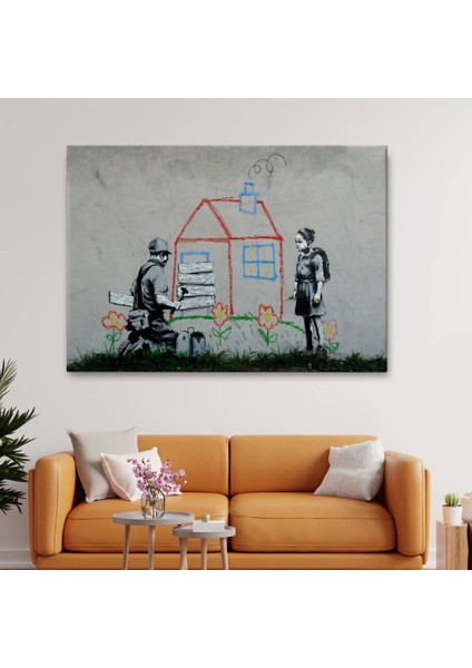 - Bansky Çocuğun Çizdiği Evin Kapısını Kapatan Adam Kanvas TABLO-5019