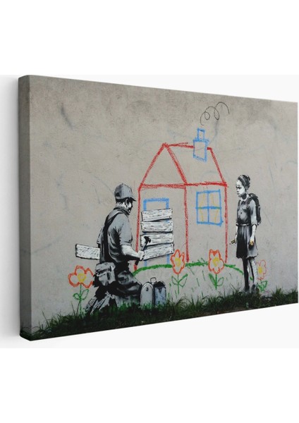 - Bansky Çocuğun Çizdiği Evin Kapısını Kapatan Adam Kanvas TABLO-5019