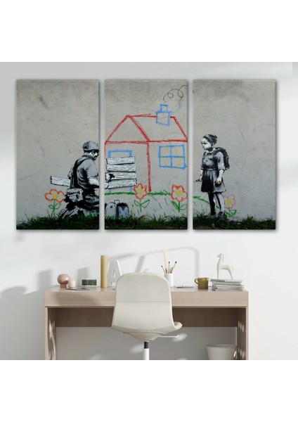 - Bansky Çocuğun Çizdiği Evin Kapısını Kapatan Adam Kanvas TABLO-5019