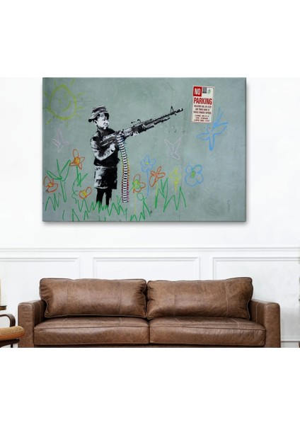 - Bansky'nin Makineli Tüfekli Çocuk Isimli Eseri Kanvas Tablo, No PARKING-5008