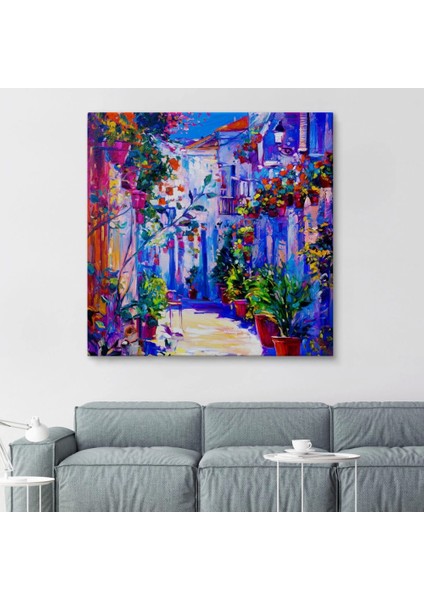 - Çiçekli Sokak Yağlıboya Görünüm Dekoratif Kanvas Duvar TABLOSU-5827