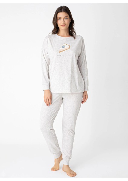 Yuvarlak Yaka Gri Kadın Pijama Takımı 9541