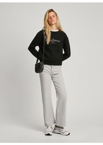 Yuvarlak Yaka Baskılı Siyah Kadın Sweatshırt PL581460