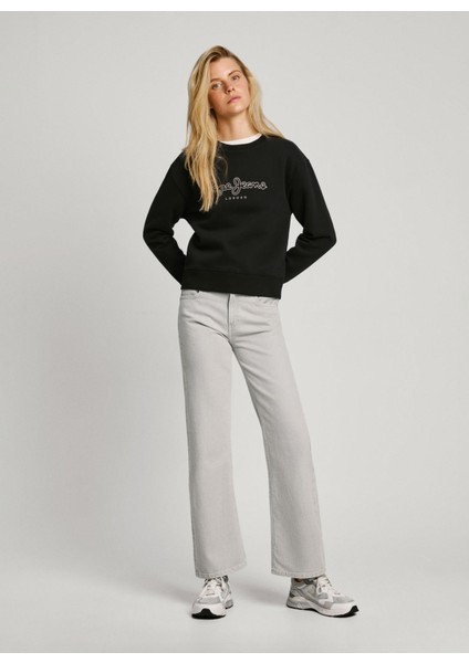 Yuvarlak Yaka Baskılı Siyah Kadın Sweatshırt PL581460 modelleri