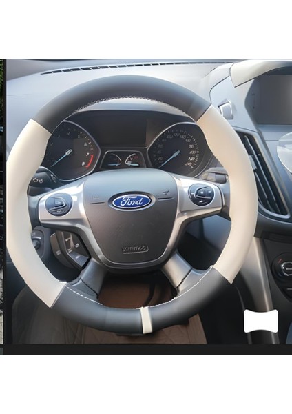 Dikişli Direksiyon Kılıfı Siyah Bej Deri Bej Yüzük / Dikişli Ford Focus Için