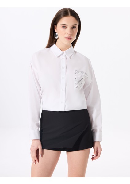 Loose Fit Gömlek Yaka Taşlı Beyaz Kadın Gömlek F5SL-GML0409