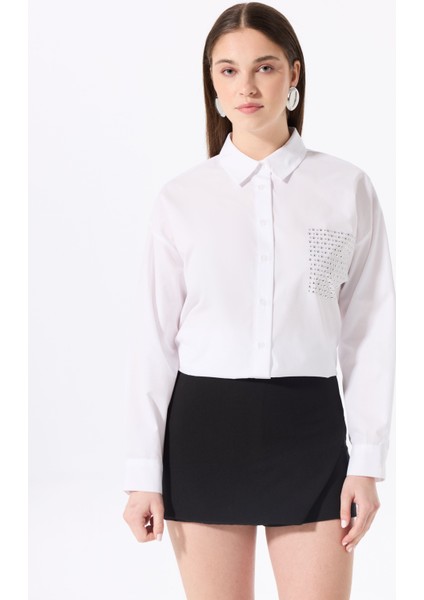 Loose Fit Gömlek Yaka Taşlı Beyaz Kadın Gömlek F5SL-GML0409 fiyatları