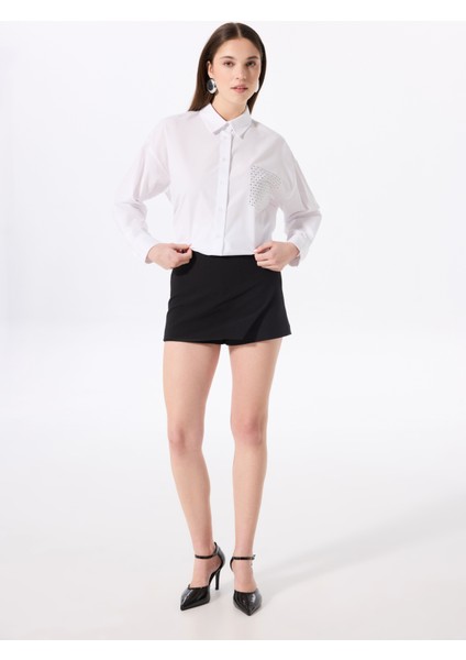 Loose Fit Gömlek Yaka Taşlı Beyaz Kadın Gömlek F5SL-GML0409 modelleri