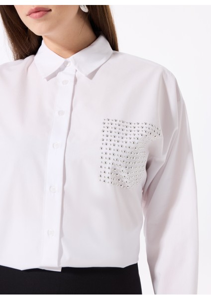 Loose Fit Gömlek Yaka Taşlı Beyaz Kadın Gömlek F5SL-GML0409 fırsatları