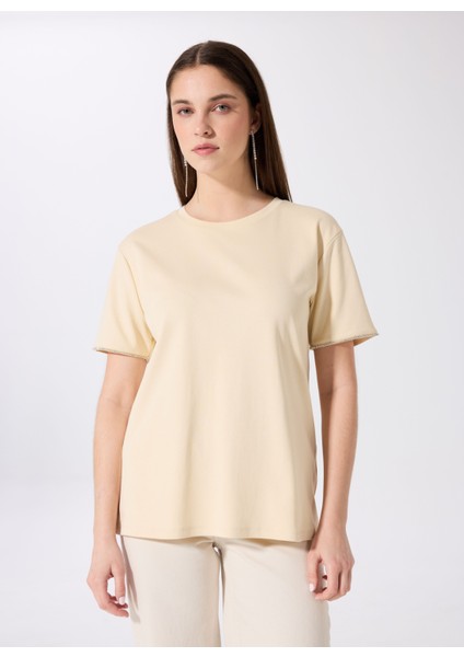 Bej Kadın Relaxed Taşlı T-Shirt FC5SL-TST0217