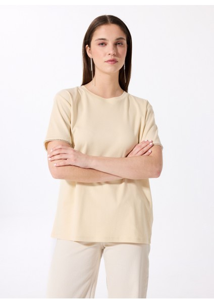 Bej Kadın Relaxed Taşlı T-Shirt FC5SL-TST0217 modelleri