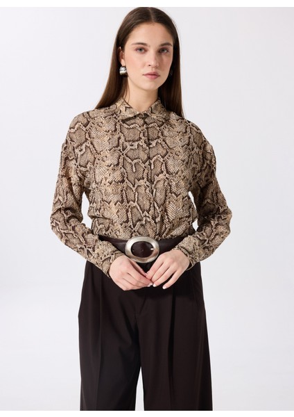Loose Fit Gömlek Yaka Desenli Çok Renkli Kadın Gömlek F5SL-GML0039