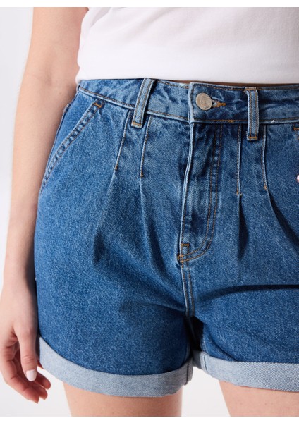 Indigo Kadın Basic Yıkamalı Denim Şort F5SL-SHT0350