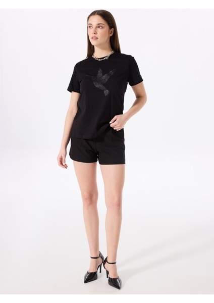 Bisiklet Yaka Baskılı Siyah Kadın T-Shirt F5SL-TST0379 fiyatları