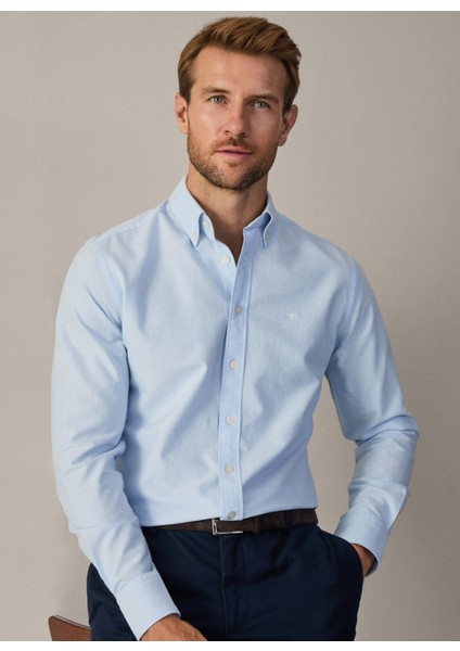 Slim Fit Gömlek Yaka Açık Mavi Erkek Gömlek HM309361 fiyatları