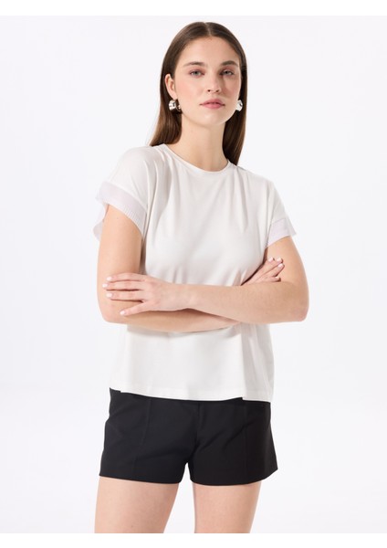 Bisiklet Yaka Baskılı Kırık Beyaz Kadın T-Shirt F5SL-TST0087