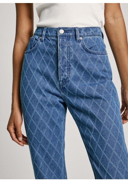 Yüksek Bel Düz Paça Straight Mavi Kadın Denim Pantolon PL204722