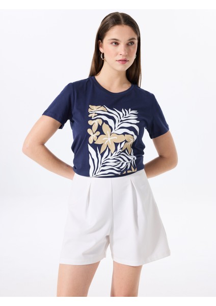 Bisiklet Yaka Baskılı Lacivert Kadın T-Shirt F5SL-TST0451