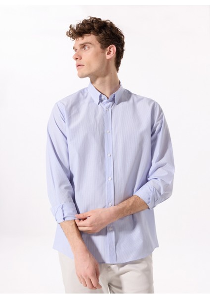 Basic Alttan Britli Yaka Çizgili Mavi Erkek Gömlek Maydos 505