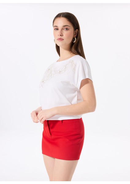 Kırık Beyaz Kadın Relaxed Varaklı T-Shirt FC5SL-TST0204