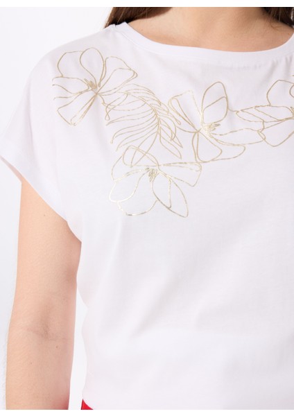 Kırık Beyaz Kadın Relaxed Varaklı T-Shirt FC5SL-TST0204 fırsatları