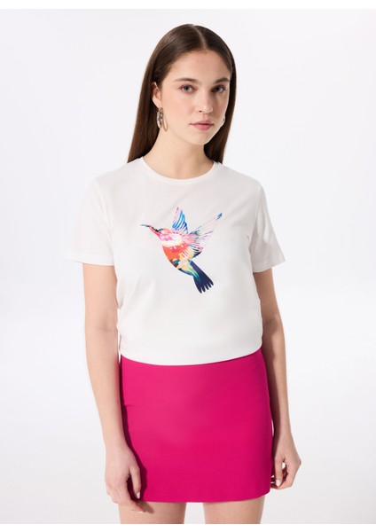 Bisiklet Yaka Baskılı Kırık Beyaz Kadın T-Shirt F5SL-TST0378 fiyatları