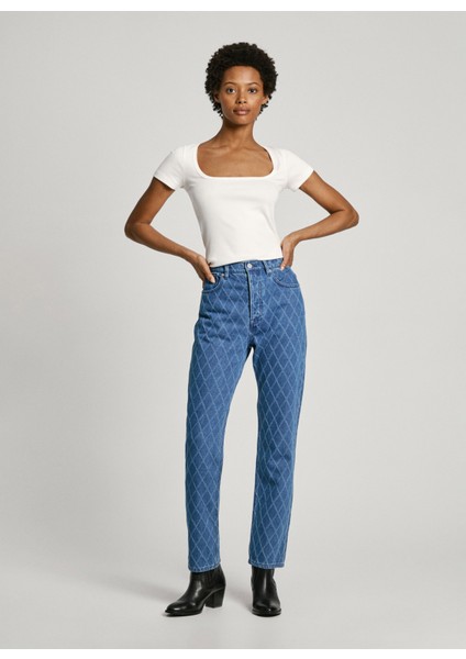 Yüksek Bel Düz Paça Straight Mavi Kadın Denim Pantolon PL204722