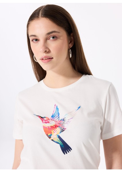 Bisiklet Yaka Baskılı Kırık Beyaz Kadın T-Shirt F5SL-TST0378 modelleri