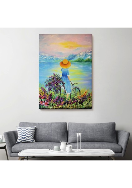- Göl Kenarındaki Bisikletli Kız Dekoratif Duvar TABLOSU-6135