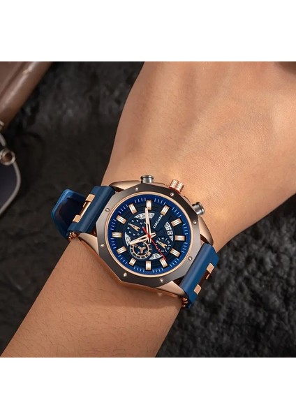 Erkekler Için Hediye Chronograph Saatli Spor Kuvars Saat, Silikon Kayışlı