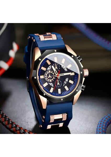 Erkekler Için Hediye Chronograph Saatli Spor Kuvars Saat, Silikon Kayışlı