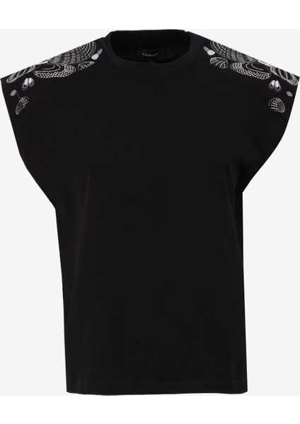 Bisiklet Yaka Nakışlı Siyah Kadın T-Shirt FC5SL-TST0122