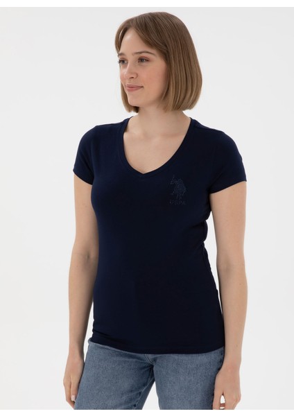 V Yaka Lacivert Kadın T-Shirt TV0125