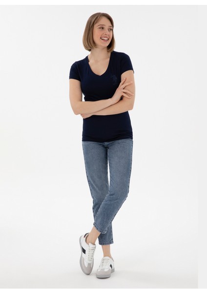 V Yaka Lacivert Kadın T-Shirt TV0125 fırsatları