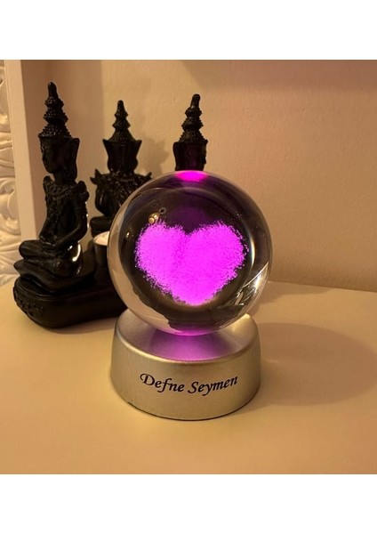 Kişiye Özel Dekoratif Renk Değiştiren Işıklı Kalp Tasarımlı 3D Cam Küre