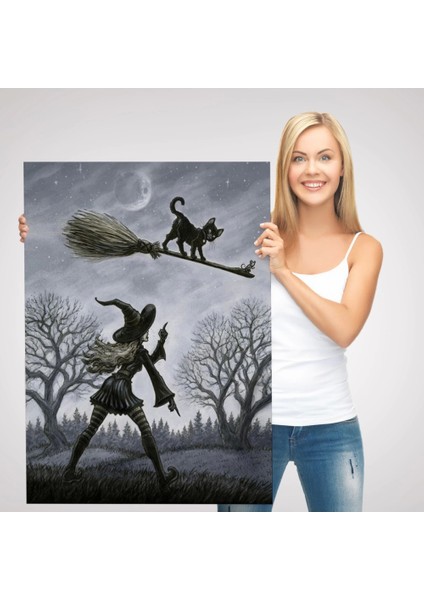 - Cadı Süpürgesi ile Uçan Kara Kedi Tablosu, Witches HALLOWEEN-6353 modelleri