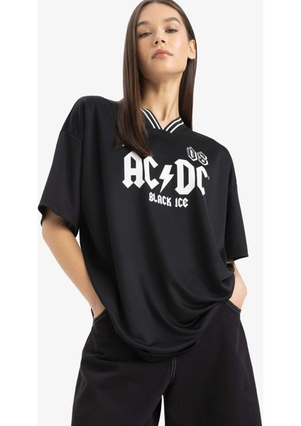 Coool AC/DC Oversize Geniş Kalıp V Yaka Sırt Baskılı Kısa Kollu Tişört E6137AX25SM modelleri