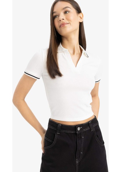 Fitted Polo Yaka Fitilli Kaşkorse Kısa Kollu Tişört E7906AX25SM