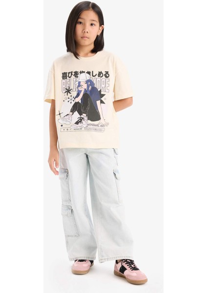 Kız Çocuk Oversize Geniş Kalıp Bisiklet Yaka Baskılı Kısa Kollu Tişört fiyatları