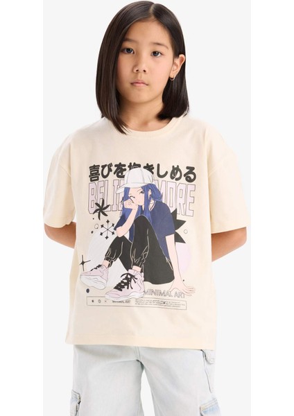 Kız Çocuk Oversize Geniş Kalıp Bisiklet Yaka Baskılı Kısa Kollu Tişört modelleri