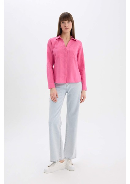 Regular Fit Basic Düz Keten Karışımlı Uzun Kollu Gömlek V2522AZ25SP