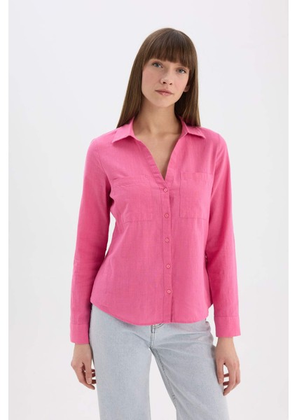 Regular Fit Basic Düz Keten Karışımlı Uzun Kollu Gömlek V2522AZ25SP