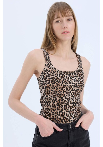 Slim Fit Dar Kesim Leopar Desenli Yuvarlak Yaka Fitilli Kaşkorse Atlet D4548AX25SP