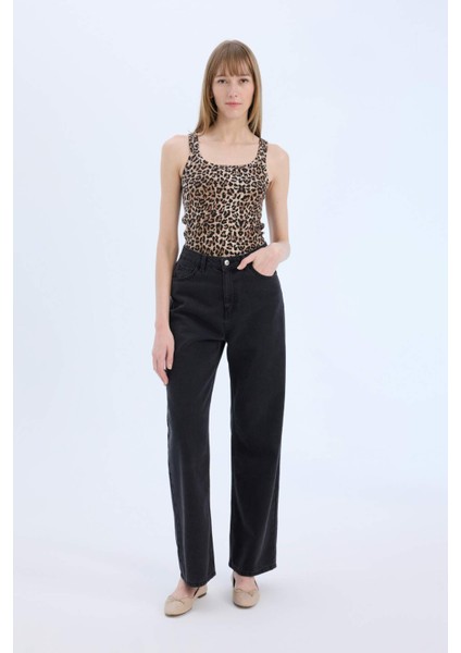 Slim Fit Dar Kesim Leopar Desenli Yuvarlak Yaka Fitilli Kaşkorse Atlet D4548AX25SP